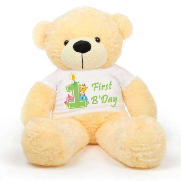 Peach 5 feet Big Teddy Bear wearing a First Happy Birthday T-shirt